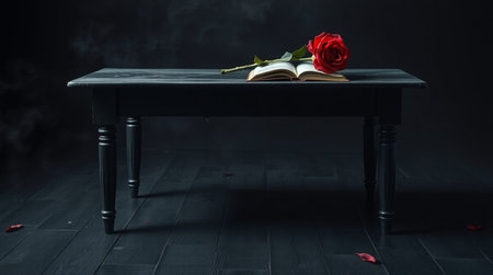Red rose and old book on a black wooden table on a dark background