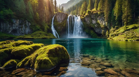 Panoramic view of a waterfall in the Swiss Alps, Switzerlandの写真素材