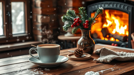 Cup of coffee with christmas decoration on wooden table in front of fireplaceの写真素材
