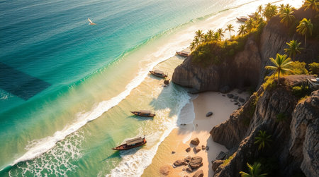Aerial view of beautiful beach and sea with coconut palm tree at sunset timeの写真素材