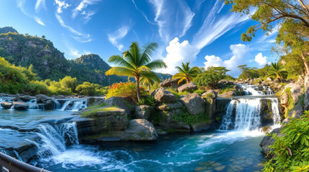 Panoramic view of waterfall in tropical forest. Panoramic view of waterfall in jungle. Waterfall in tropical forest.の写真素材