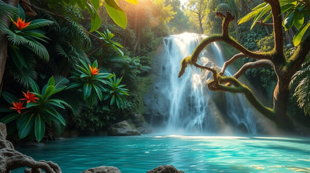 Beautiful waterfall in tropical forest, nature background. Travel and vacation concept.の写真素材