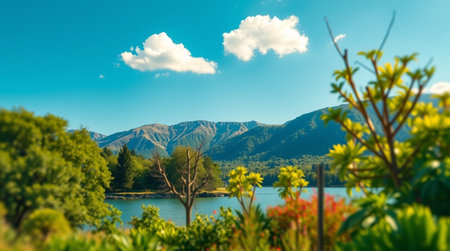 Beautiful view of the lake and mountains on a sunny day.の写真素材