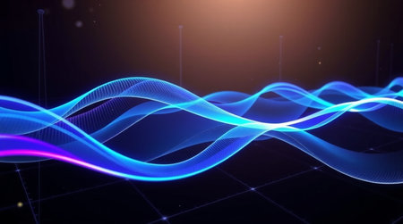 abstract blue wave background with glowing lines and bokeh effect