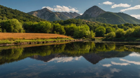 Mountain lake with reflection of mountains in the water. Summer landscape.の写真素材