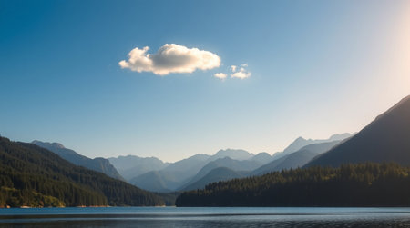 Panoramic view of a lake with mountains in the background.の写真素材