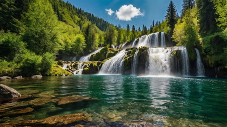 Panoramic view of the beautiful waterfall in the mountains. Summer landscape.の写真素材