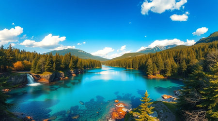 Mountain lake with clear turquoise water surrounded by coniferous forest and mountains under blue skyの写真素材