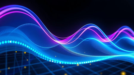 3d rendering abstract background with glowing particles, wave lines and bokeh lightsの写真素材