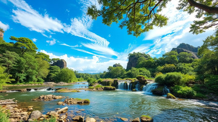 Waterfall in the forest. Beautiful summer landscape. Panorama.の写真素材