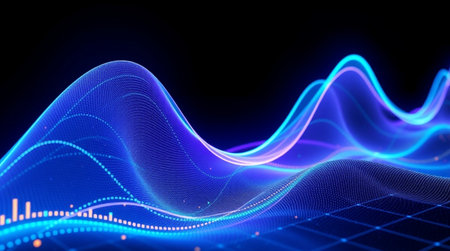 3d render, abstract blue background with glowing particles, digital wave, sound wave