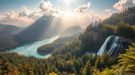 Mountain lake with a waterfall in the foreground and sunbeamsの写真素材