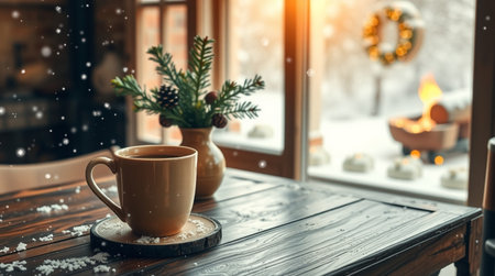 Cup of coffee on the wooden table near the window. Christmas backgroundの写真素材