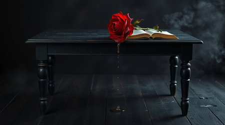 Red rose on the old wooden table with a bookの写真素材
