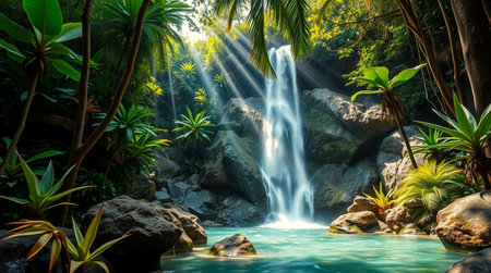 Beautiful waterfall in the tropical forest with sunlight and green leaves.の写真素材