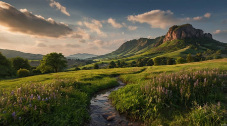 Beautiful summer landscape with a small river flowing through the meadowの写真素材