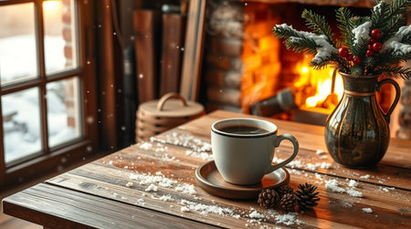 Cup of coffee on wooden table in front of fireplace at homeの写真素材