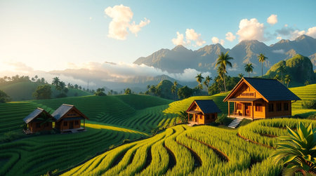 Rice terraces at sunset. 3D rendering