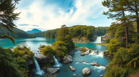 Panoramic view of a beautiful lake and waterfall in New Zealandの写真素材
