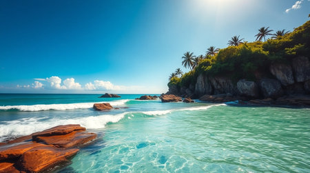 Tropical beach with palm trees and rocks, Seychelles
