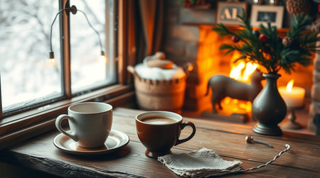 Two cups of coffee on a wooden table near the window in a cozy roomの写真素材