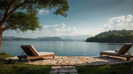 Beach chairs on the background of the lake in Montenegro.