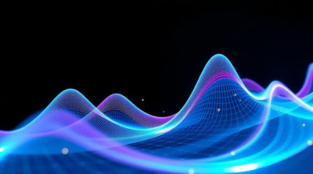 abstract 3d illustration of a blue sound waves on a black backgroundの写真素材
