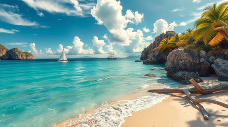 Tropical beach with palm trees and sailing boat. Seascape panoramaの写真素材