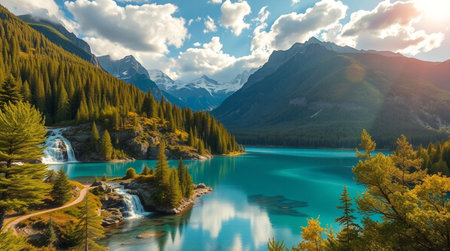 Mountain lake with blue water and forest in the foreground. Beautiful natural landscape.