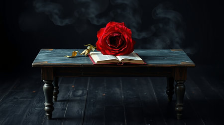 Red rose and book on wooden table with smoke on dark background.の写真素材