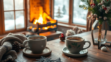 Two cups of coffee on a wooden table in front of the fireplace in winter.の写真素材