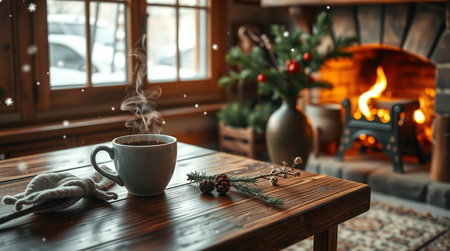 Cup of hot drink on wooden table in room decorated for Christmasの写真素材