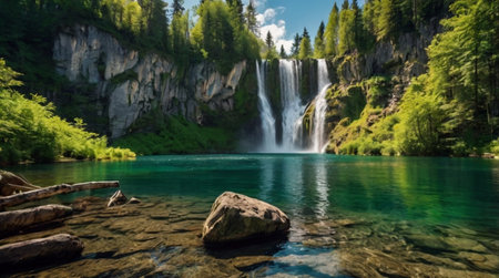 Beautiful waterfall in Plitvice Lakes National Park, Croatia.