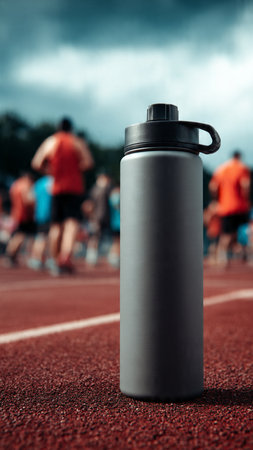 Sports water bottle on the running track with blurred people on background.の写真素材