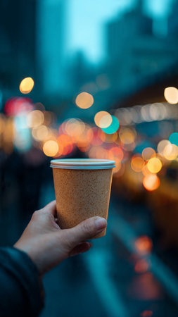 Woman hand holding paper cup of coffee in city street at night.の写真素材