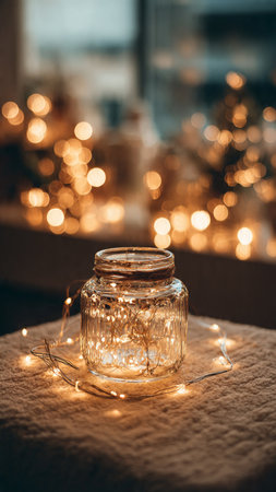 Christmas lights in a glass jar on a background of a Christmas treeの写真素材
