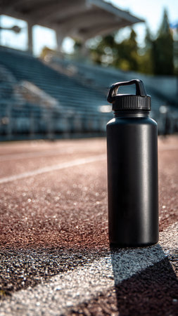 Sports bottle on the running track. Sports equipment. Toned.