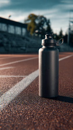 Sports water bottle on the stadium track. Sport concept. Vintage style.の写真素材