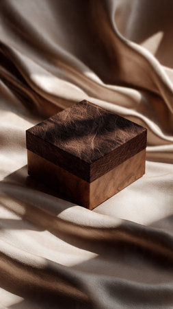 Wooden box on a beige silk background. The concept of minimalism.の写真素材
