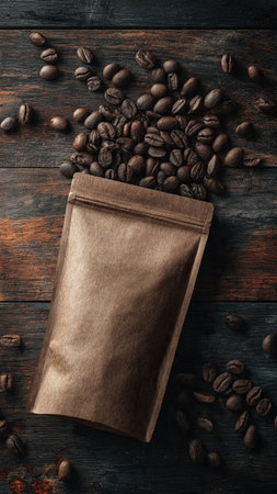 Coffee beans in a paper bag on a dark wooden backgroundの写真素材