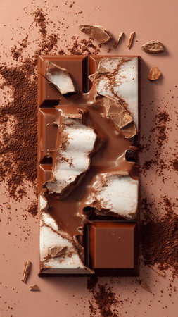 Chocolate pieces and cocoa powder on a brown background, top viewの写真素材
