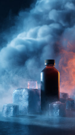 Bottle on ice cubes with smoke on dark background.の写真素材
