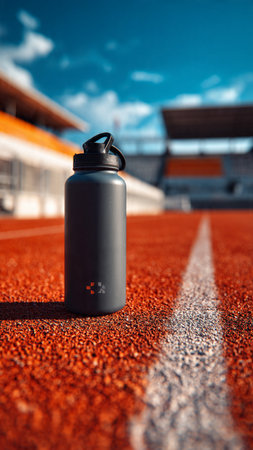 Water bottle on a running track. Sport and healthy lifestyle concept.の写真素材