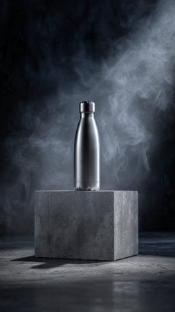 Bottle of water on a concrete pedestal with smoke on dark backgroundの写真素材