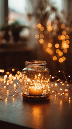 Candle in a glass jar with garland on a wooden tableの写真素材