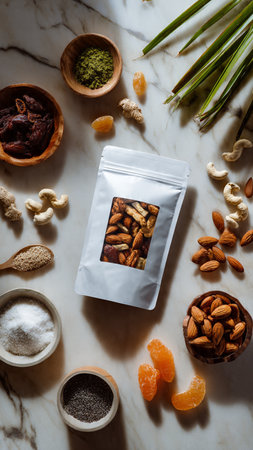 Dry fruits and nuts in plastic bagle background, top viewの写真素材