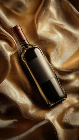 Bottle of wine on golden satin fabric, close up viewの写真素材