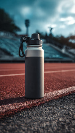 Sports bottle on the running track. Sports equipment. Toned imageの写真素材