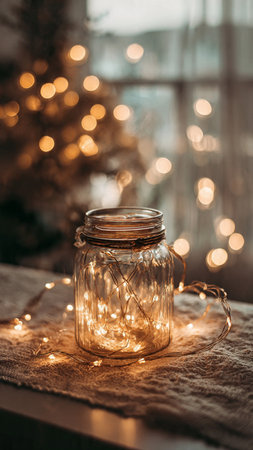 Glass jar with christmas lights on the background of the Christmas treeの写真素材