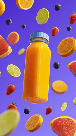Orange juice in a bottle with flying fruits on a purple background.の写真素材